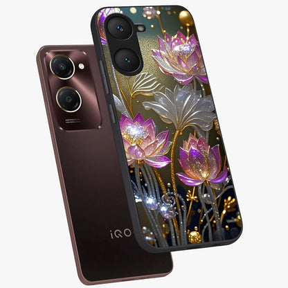 Golden Floral Majesty Glass Case displayed in angled mockup highlighting elegant flower design with royal golden aesthetic.