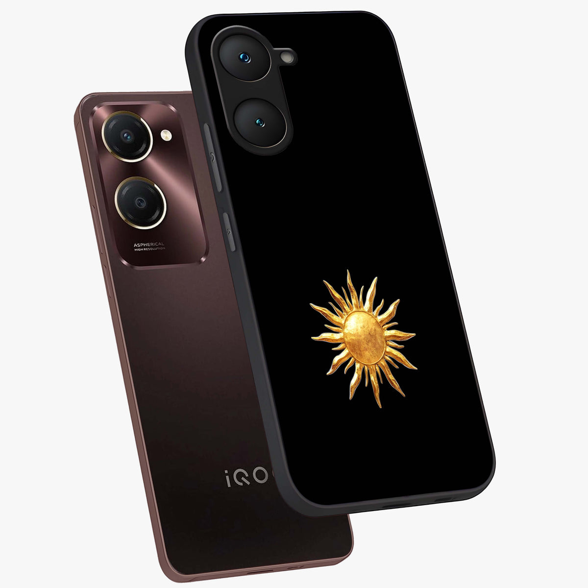 Golden Sun Minimalism Glass Case displayed in angled mockup highlighting eerie shadow illustration with gothic aesthetic.