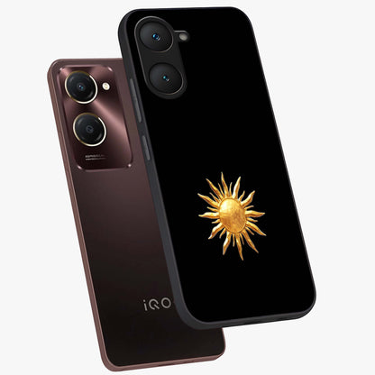 Golden Sun Minimalism Glass Case displayed in angled mockup highlighting eerie shadow illustration with gothic aesthetic.