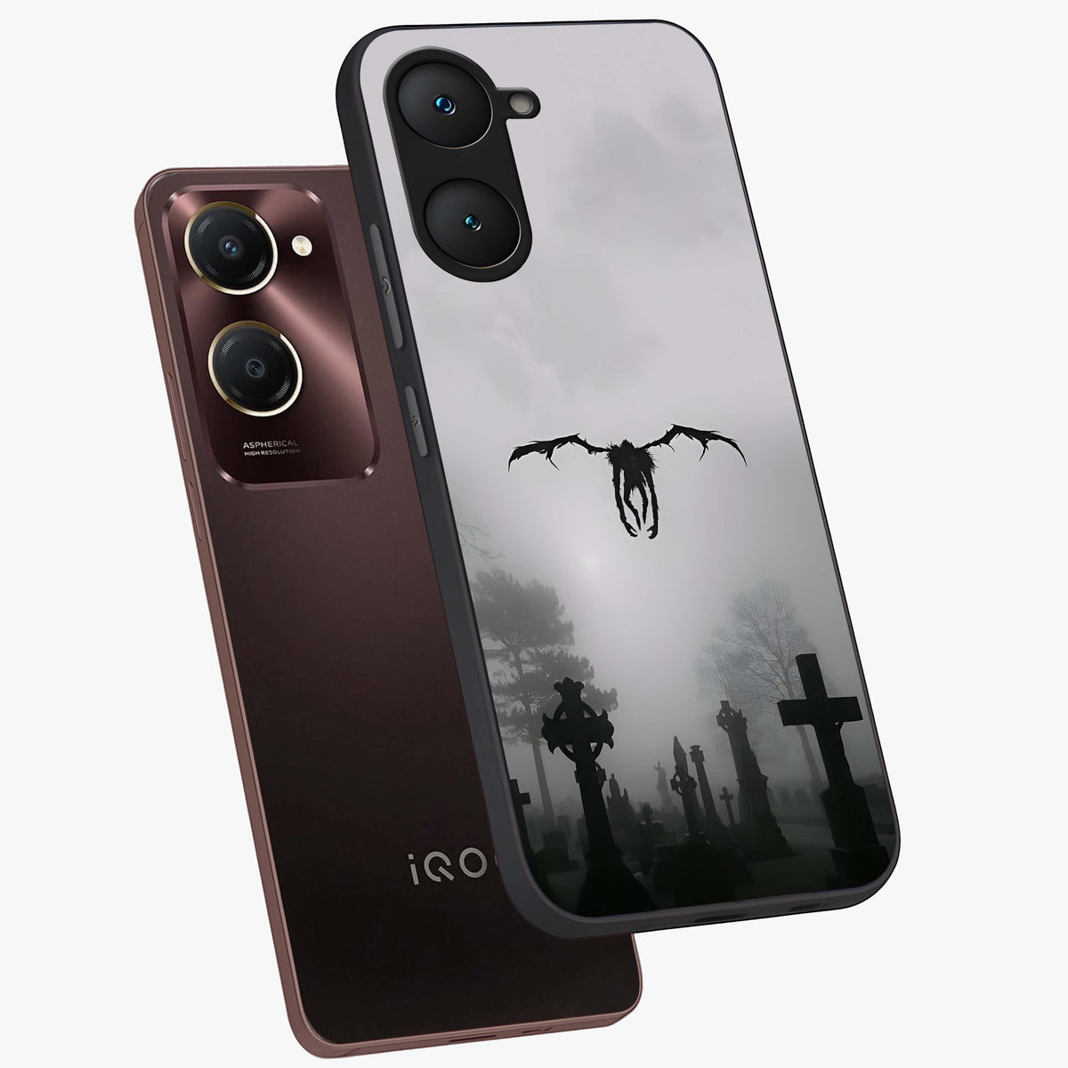 Graveyard Shadow Descent Glass Case displayed in angled mockup highlighting eerie shadow illustration with gothic aesthetic.