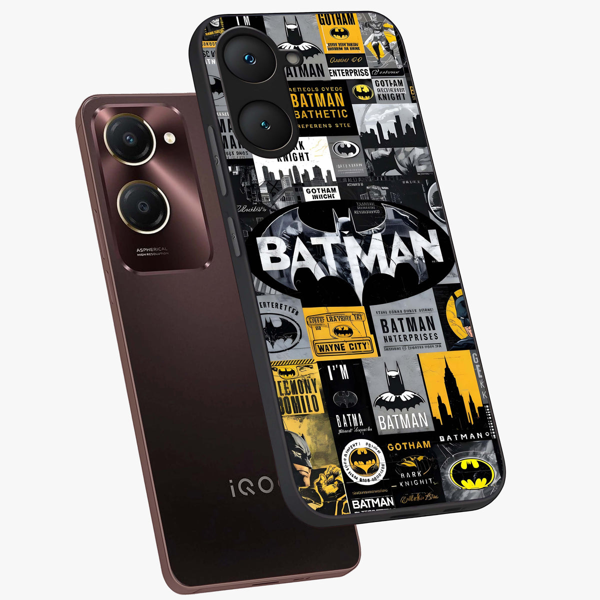 Knight Gotham Rise Glass Case displayed in angled mockup highlighting powerful knight silhouette design with dramatic aesthetic.