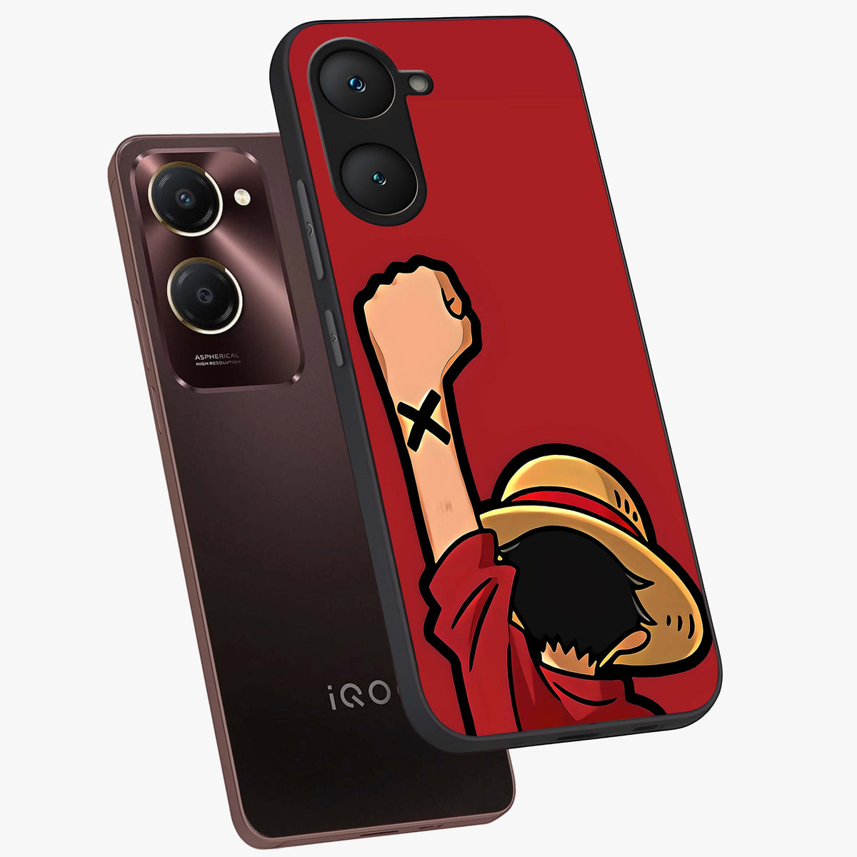 Luffy X Spirit Glass Case displayed in angled mockup highlighting powerful anime design with energetic action aesthetic.