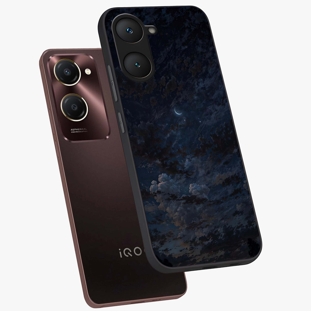 Lunar Veil Silence Glass Case displayed in angled mockup highlighting soft lunar design with peaceful celestial aesthetic.