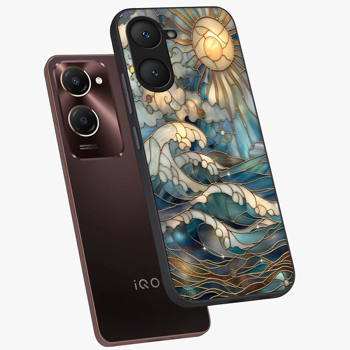 Oceanic Stained Printed Glass Case displayed in angled mockup highlighting colorful aquatic design with artistic aesthetic style.