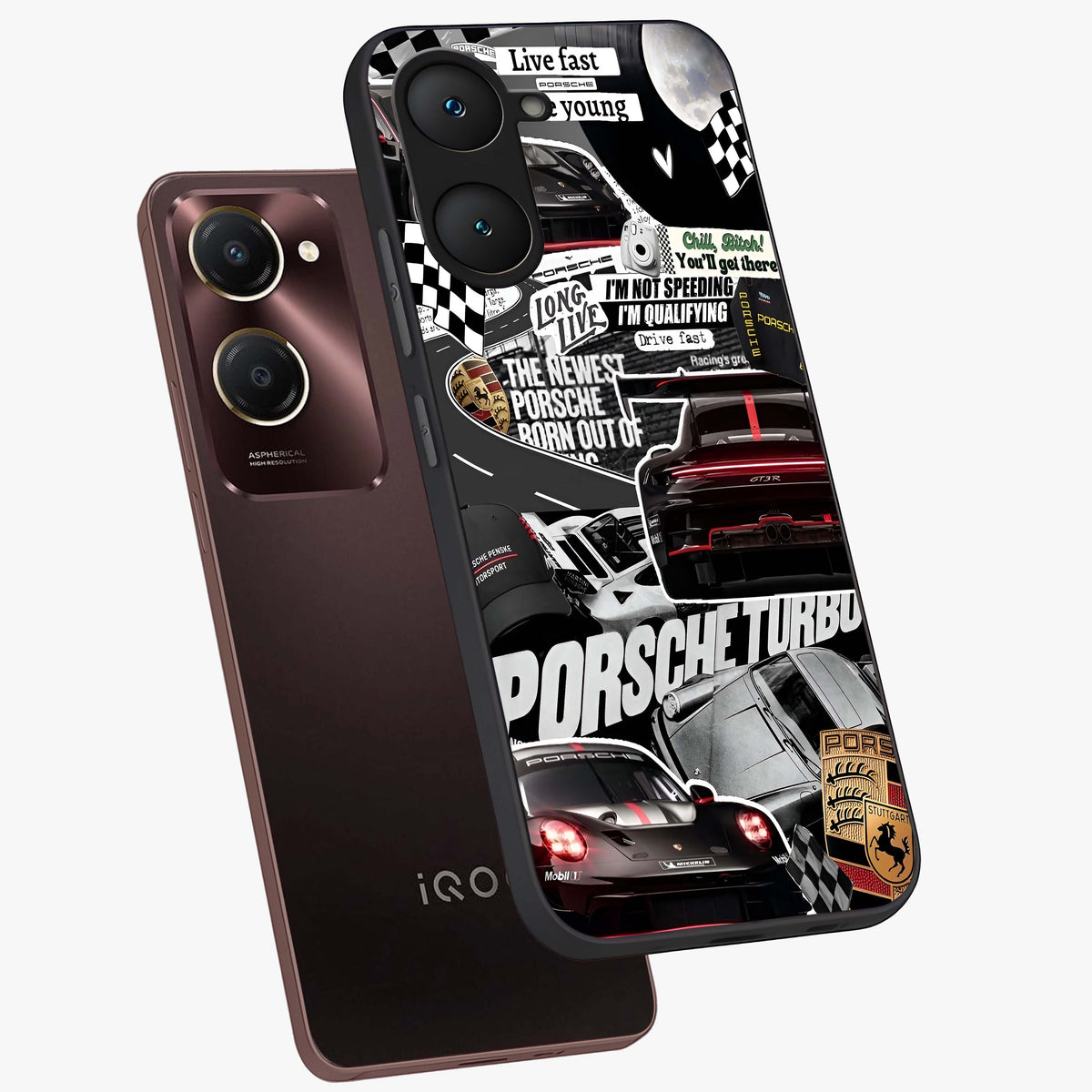 Porsche Racing Collage Glass Case displayed in angled mockup highlighting dynamic automotive design with bold racing aesthetic.