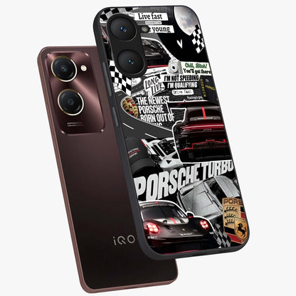 Porsche Racing Collage Glass Case displayed in angled mockup highlighting dynamic automotive design with bold racing aesthetic.