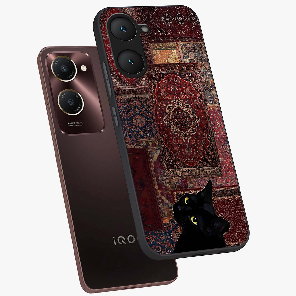 Regal Magic Cat Apple Glass Case displayed in angled mockup highlighting whimsical feline design with fantasy aesthetic.