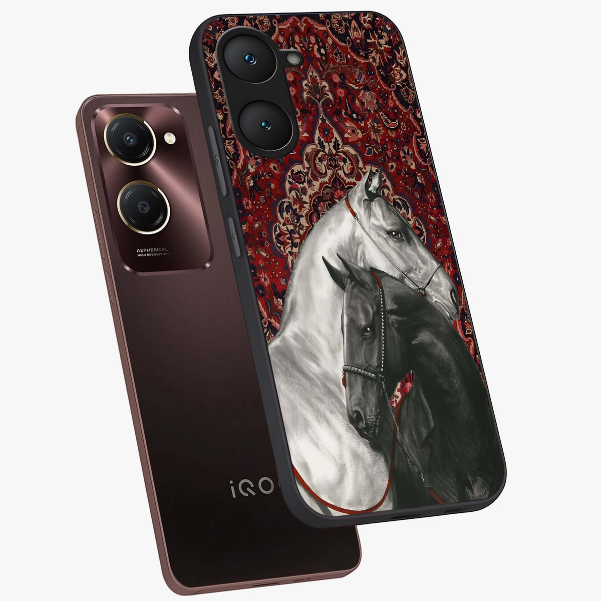 Regal Stallion Tapestry Glass Case displayed in angled mockup highlighting royal stallion design with decorative heritage aesthetic.