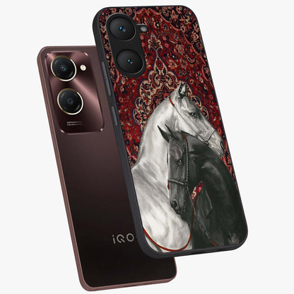 Regal Stallion Tapestry Glass Case displayed in angled mockup highlighting royal stallion design with decorative heritage aesthetic.