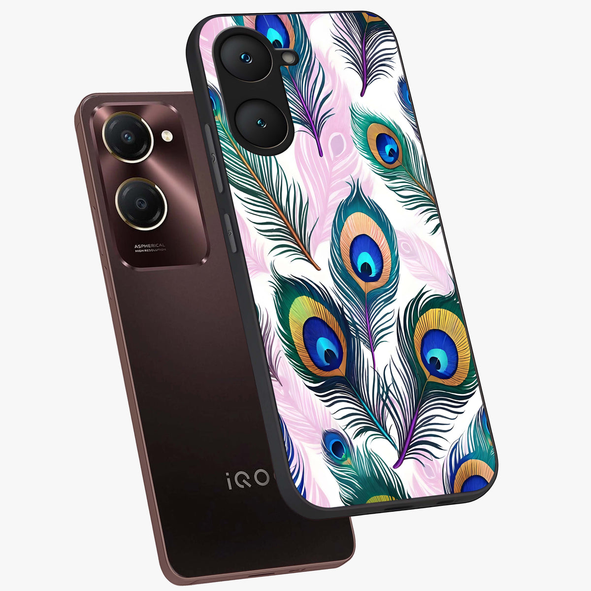 Royal Peacock Feathers Glass Case displayed in angled mockup highlighting vibrant feather pattern with regal aesthetic style.