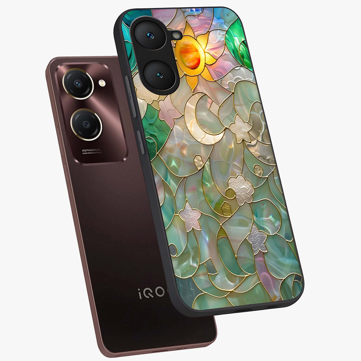 Stained Sunrise Glow Glass Case displayed in angled mockup highlighting radiant sunrise design with artistic aesthetic style.