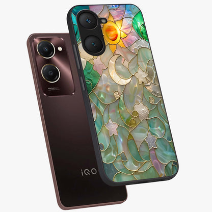 Stained Sunrise Glow Glass Case displayed in angled mockup highlighting radiant sunrise design with artistic aesthetic style.