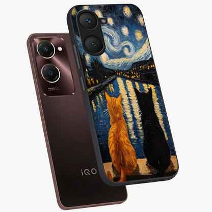 Starry River Cats Glass Case displayed in angled mockup highlighting charming feline illustration with dreamy night aesthetic.