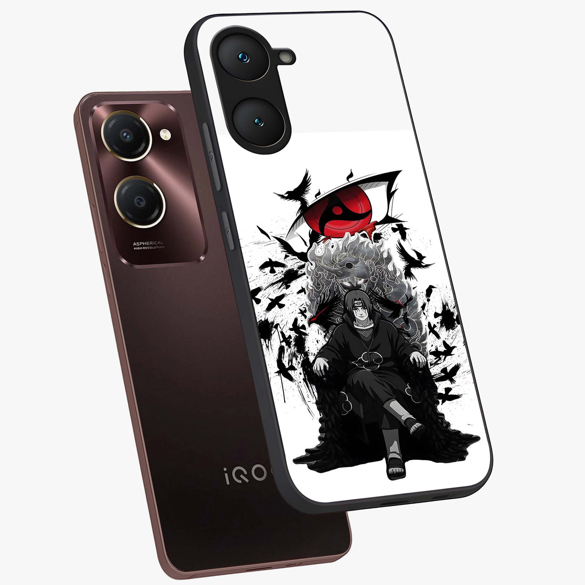 Uchiha Shadow Throne Glass Case displayed in angled mockup highlighting glowing aquatic design with celestial aesthetic.