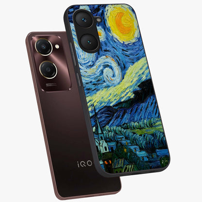 Van Gogh Art Glass Case displayed in angled mockup highlighting swirling brushstroke design with artistic aesthetic.