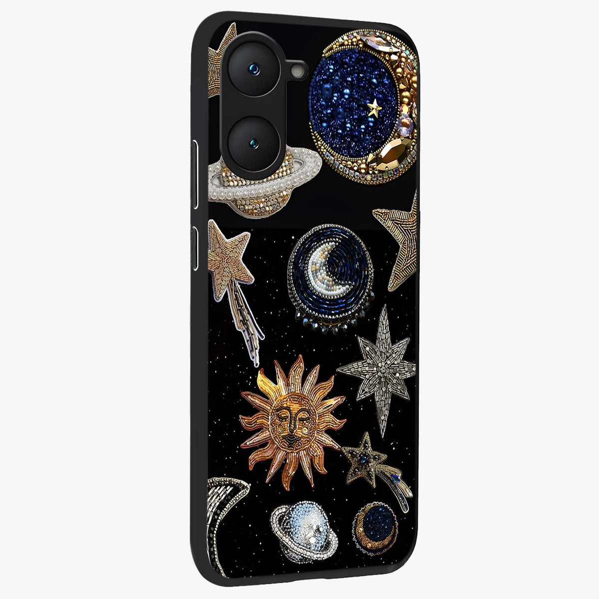 Celestial Gem Constellations Glass Case upright view showcasing cosmic constellation artwork with celestial aesthetic style.