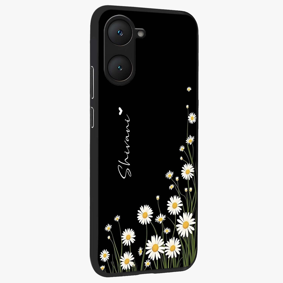 Daisy Cascade Custom Name Glass Case upright view showcasing elegant floral cascade design with personalized aesthetic.