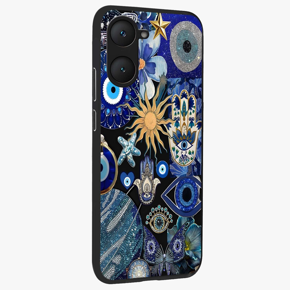 Evil Eye Charm Mix Glass Case upright view showcasing mystical evil eye pattern with vibrant decorative style.