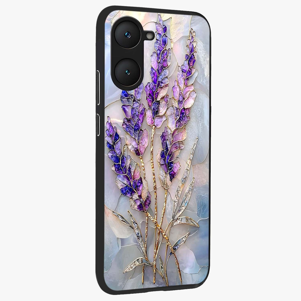 Lavender Dream Glow Glass Case upright view showcasing radiant lavender glow artwork with calming dreamy theme.