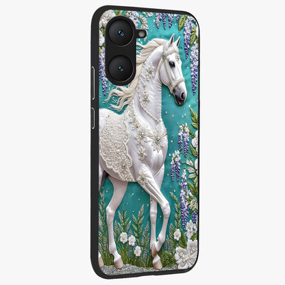 Majestic Floral Stallion Glass Case upright view showcasing dramatic horse artwork with decorative floral theme.