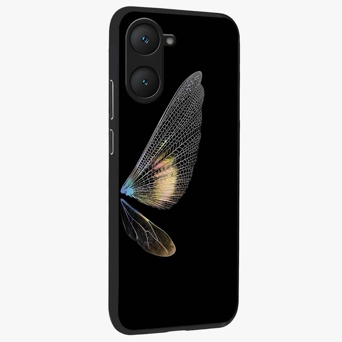Whispers Of Wings Glass Case upright view showcasing elegant wing artwork with light airy theme.