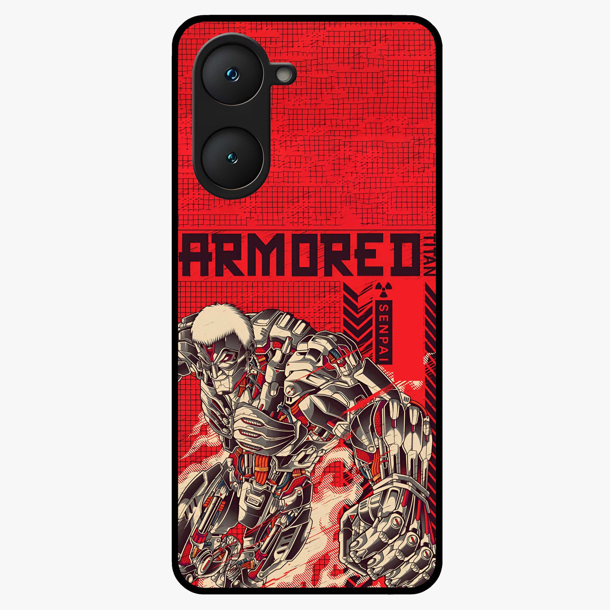 Crimson Mecha Titan Glass Case showing flat back view with powerful mech titan artwork and glossy glass finish.