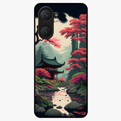 Crimson Temple View Glass Case showing flat back view with temple inspired artwork and glossy glass finish.