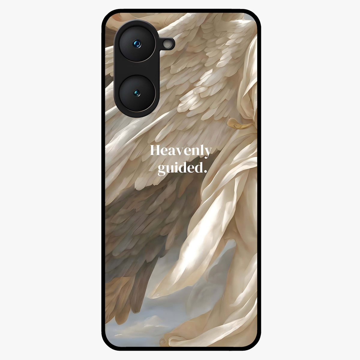 Divine Winged Grace Glass Case showing flat back view with elegant wing inspired artwork and glossy glass finish.