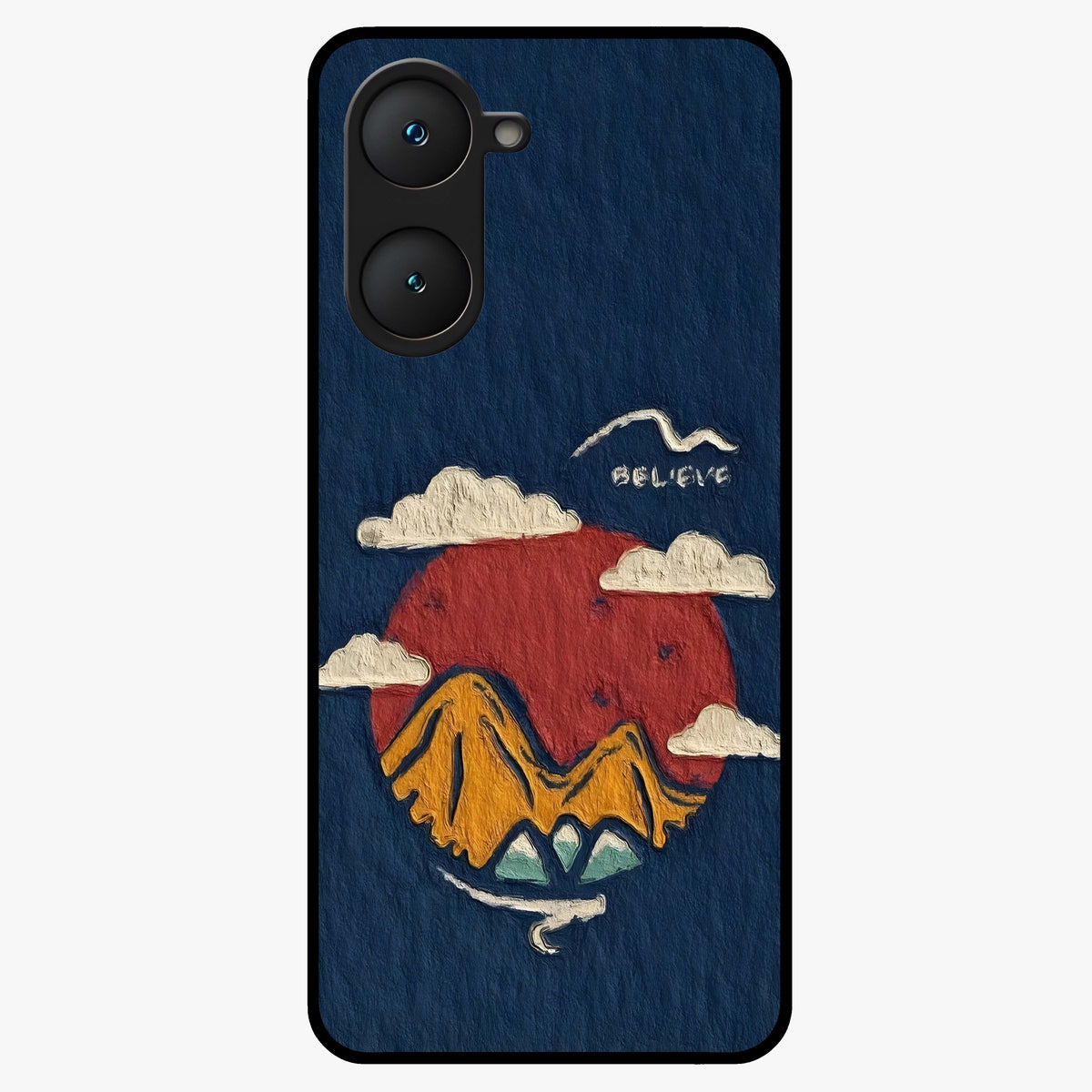 Dream Beyond Mountains Glass Case showing flat back view with scenic mountain landscape artwork and glossy glass finish.