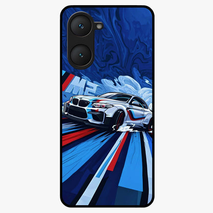 Drift Power Rush Glass Case showing flat back view with dynamic racing inspired artwork and glossy glass finish.