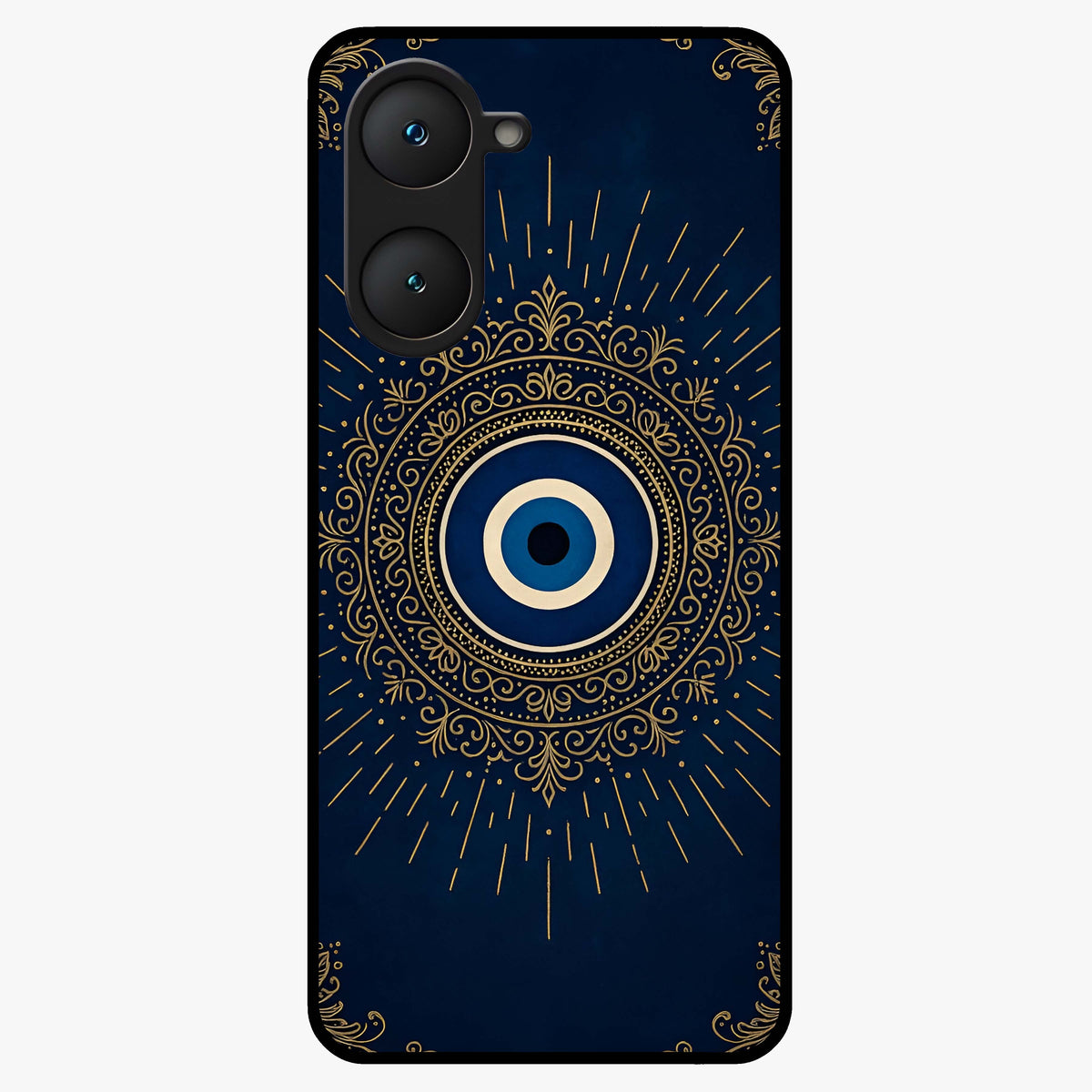 Golden Evil Eye Mandala Glass Case showing flat back view with intricate evil eye mandala artwork and glossy glass finish.