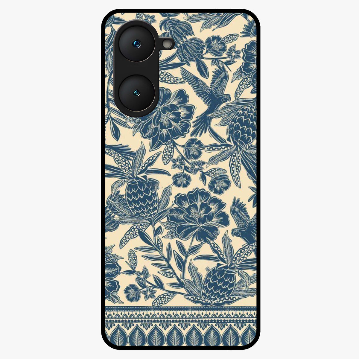 Heirloom Wild Bloom Glass Case showing flat back view with vintage inspired wild flower artwork and glossy glass finish.