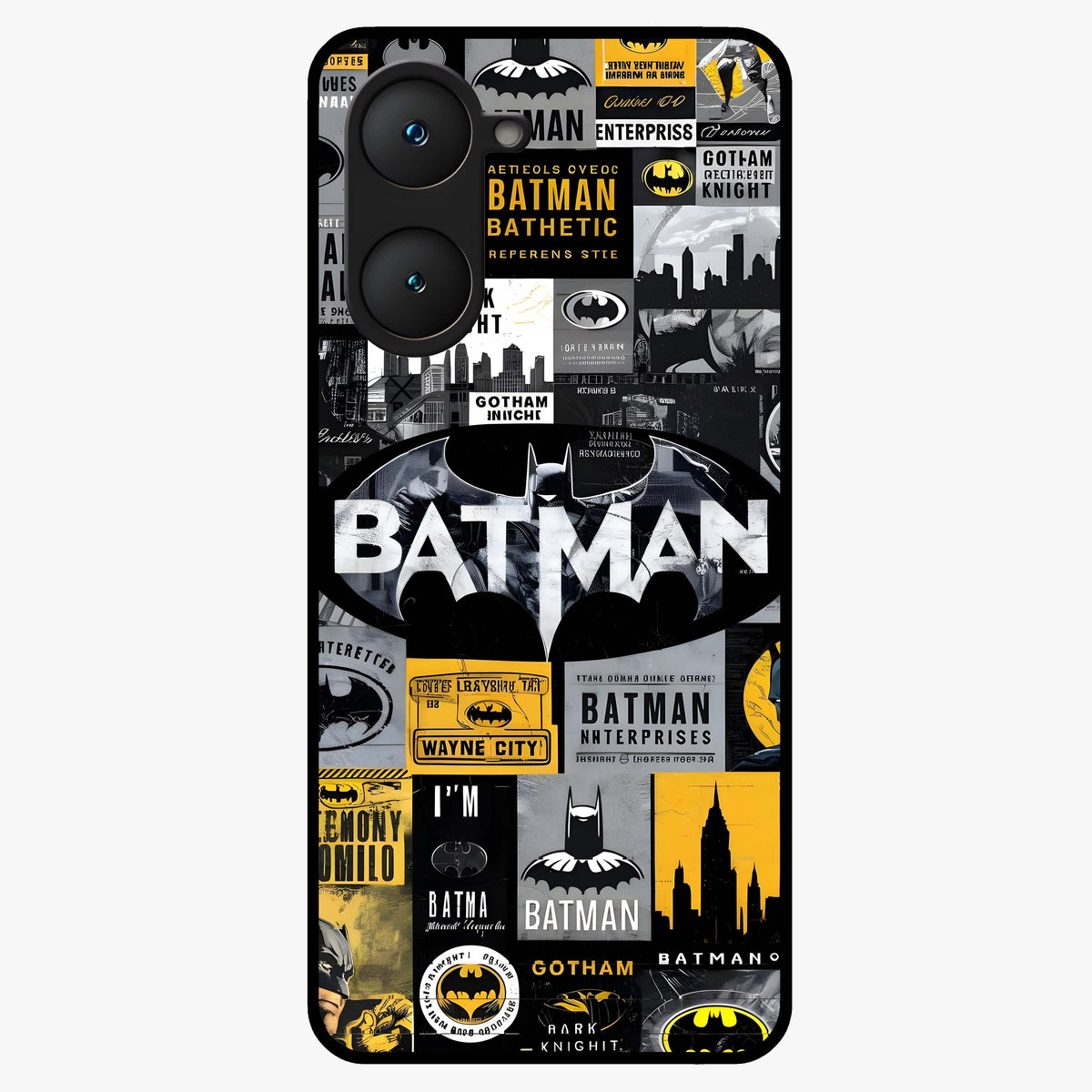 Knight Gotham Rise Glass Case showing flat back view with dark hero inspired artwork and glossy glass finish.