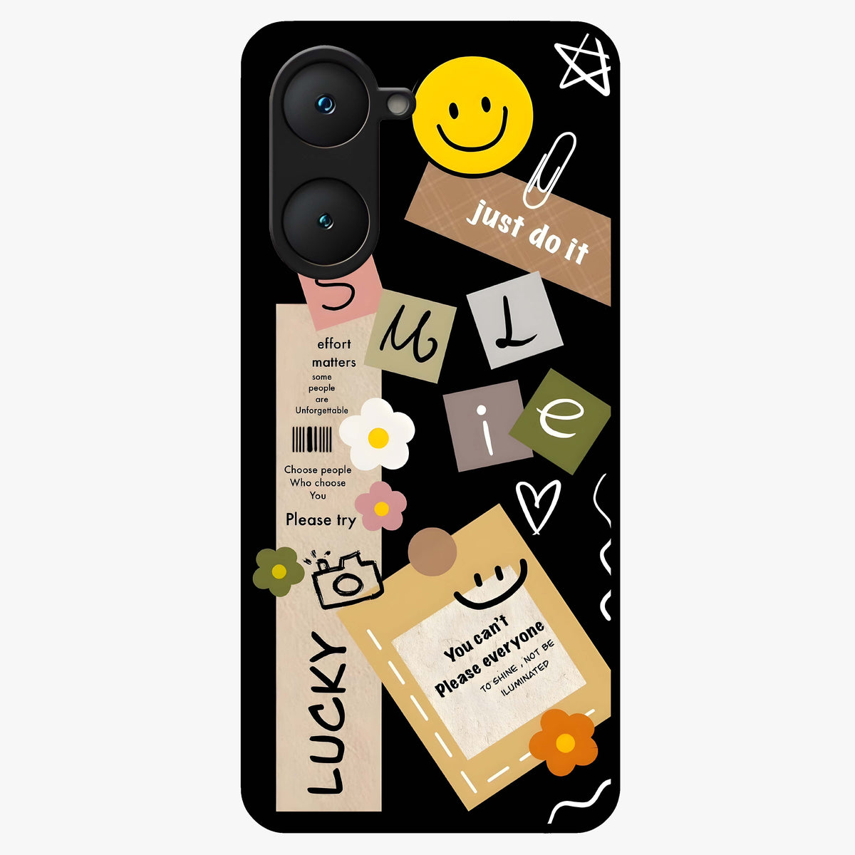 Lucky Aesthetic Collage Glass Case showing flat back view with trendy aesthetic collage artwork and glossy glass finish.