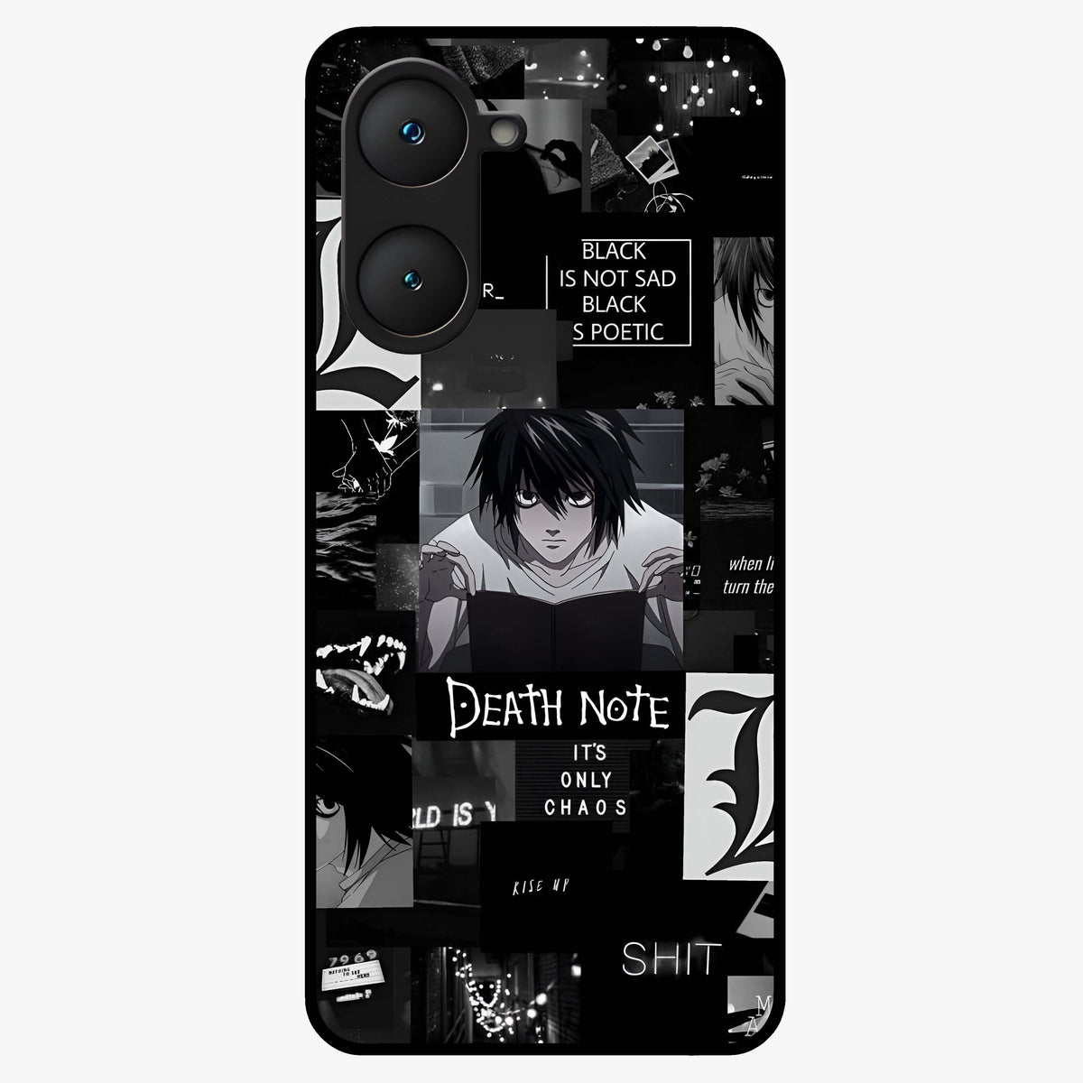 Midnight Chaos Mind Glass Case showing flat back view with abstract dark themed artwork and glossy glass finish.