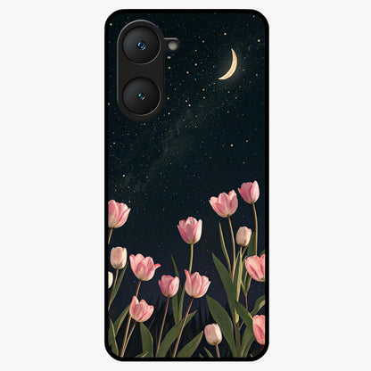 Midnight Tulip Whispers Vibe Glass Case showing flat back view with elegant tulip flower artwork and glossy glass finish.