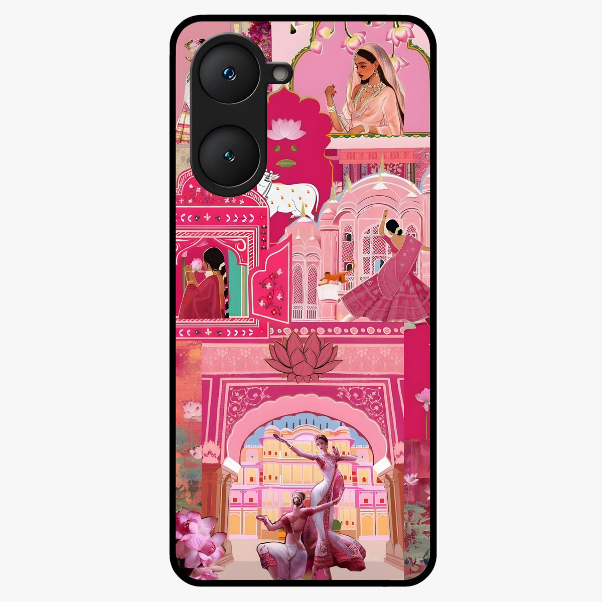 Pink Palace Muse Glass Case showing flat back view with elegant palace inspired artwork and glossy glass finish.