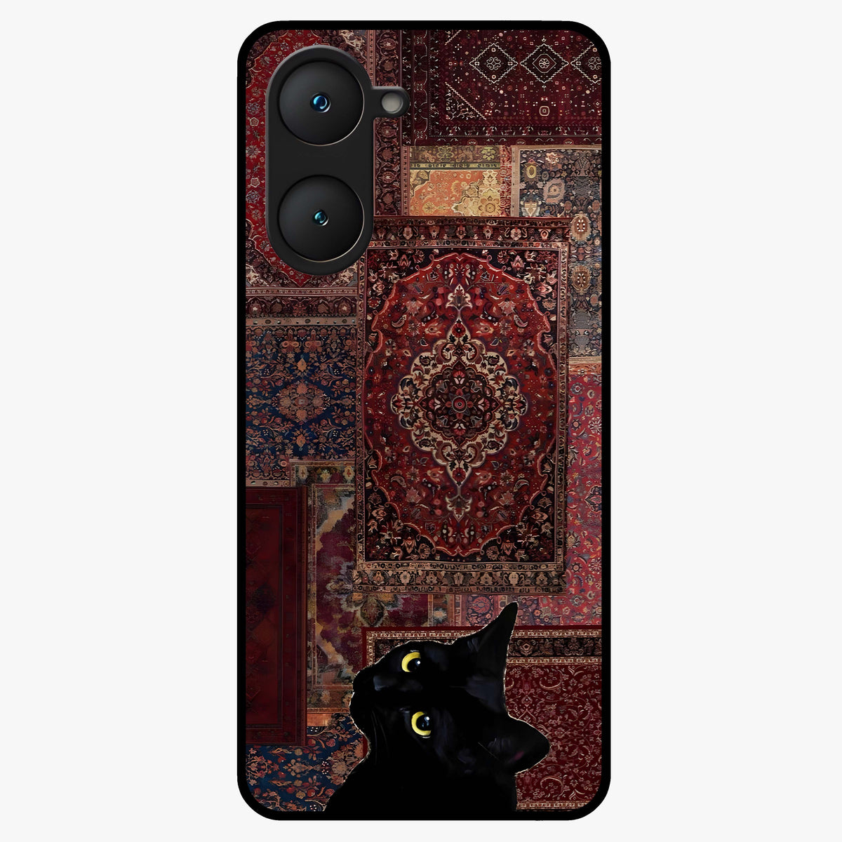 Regal Magic Cat Apple Glass Case showing flat back view with magical cat artwork holding apple and glossy glass finish.