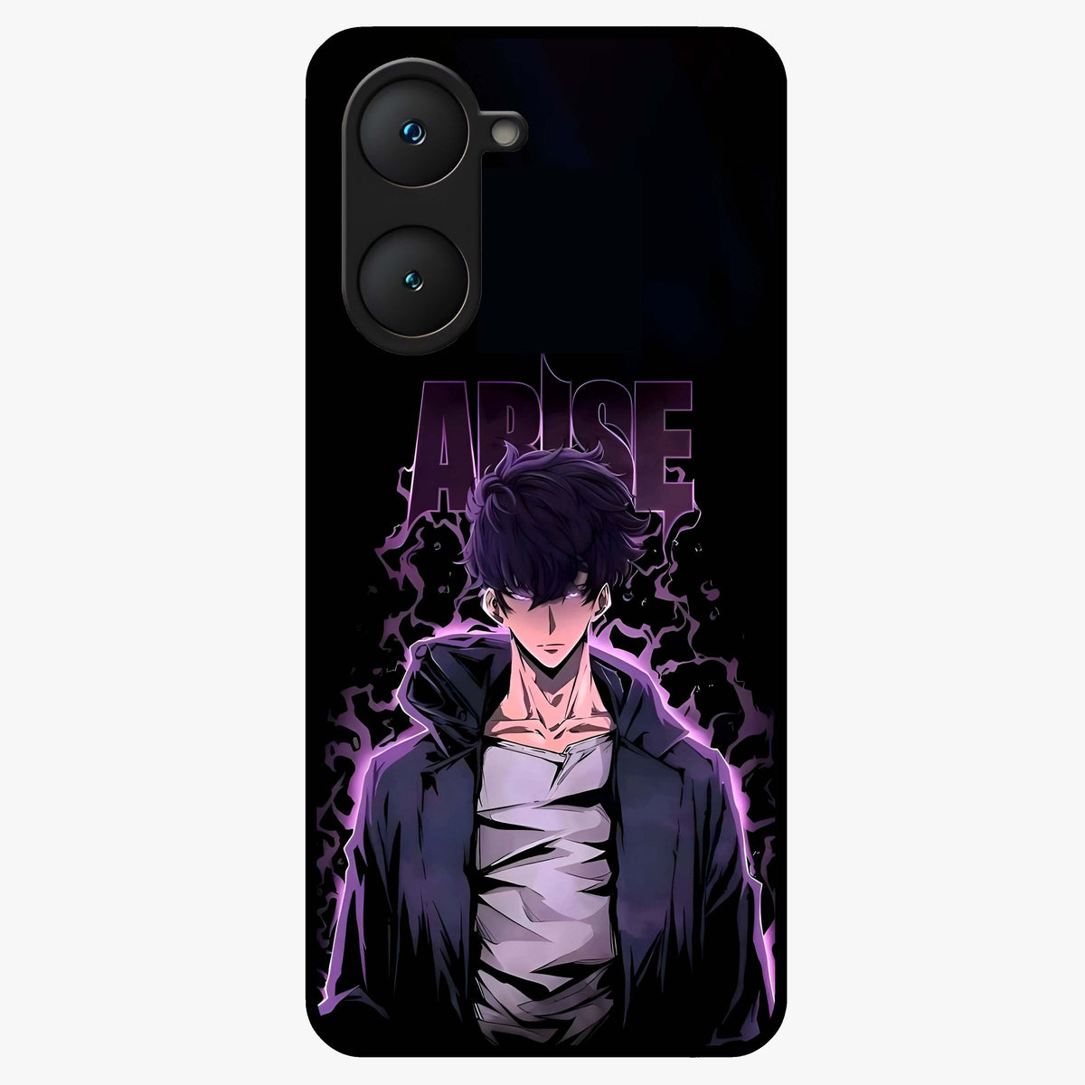 Shadow Monarch Awakening Glass Case showing flat back view with powerful dark monarch themed artwork and glossy glass finish.