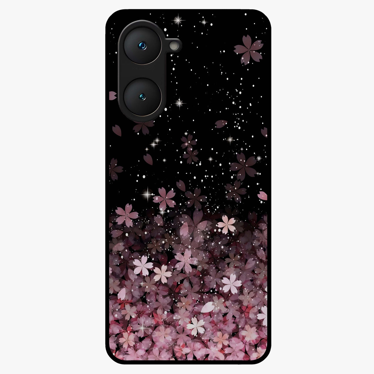 Small Starry Flowers Glass Case showing flat back view with delicate starry floral artwork and glossy glass finish.