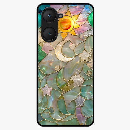 Stained Sunrise Glow Glass Case showing flat back view with glowing sunrise stained pattern artwork and glossy glass finish.