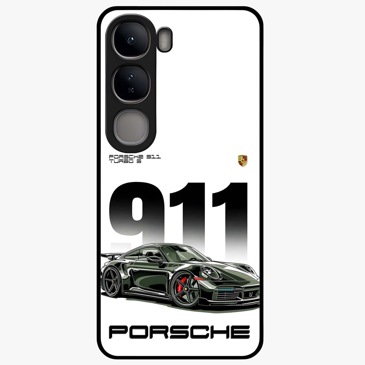 911 Turbo Dominance Glass Case showing clean flat back view with bold 911 sports car artwork and glossy glass finish.