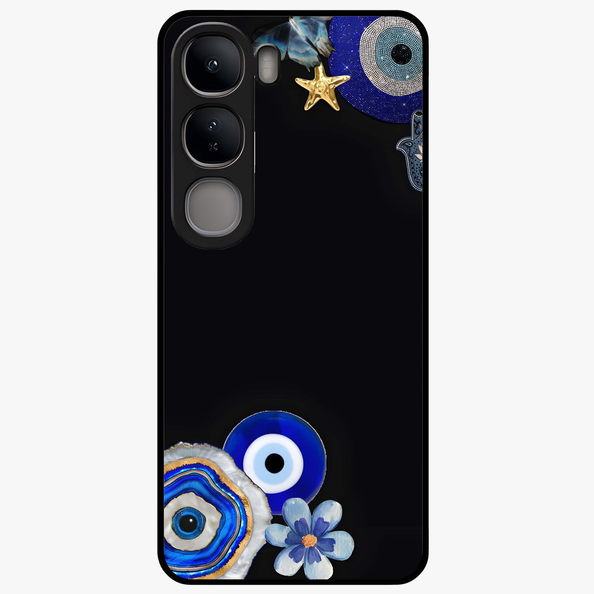 Aesthetic Blue Evil Eye Glass Case showing flat back view with protective evil eye artwork and glossy glass finish.