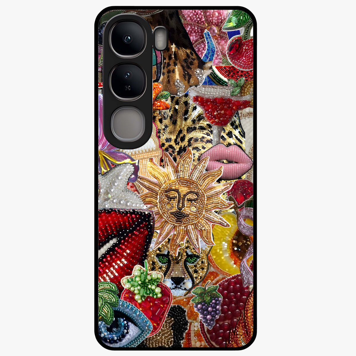 Beaded Fashion Jungle Glass Case showing flat back view with vibrant jungle inspired bead artwork and glossy glass finish.