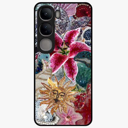 Beaded Garden Fantasy Glass Case showing flat back view with dreamy garden bead artwork and glossy glass finish.