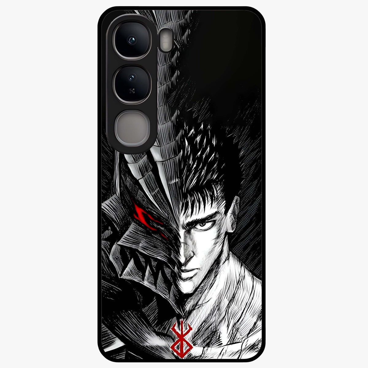 Berserker Blood Oath Glass Case showing flat back view with fierce warrior inspired artwork and glossy glass finish.