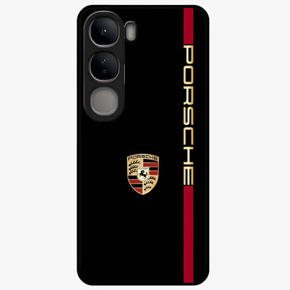 Black Minimal Porsche Glass Case showing flat back view with sleek minimal sports car artwork and glossy glass finish.
