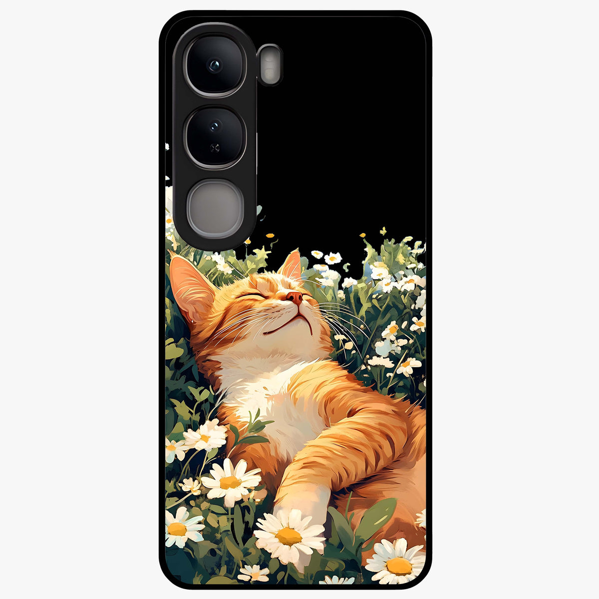 Blissful Bloom Cat Glass Case showing flat back view with cute cat and floral bloom artwork and glossy glass finish.