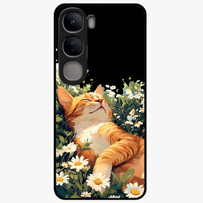 Blissful Bloom Cat Glass Case showing flat back view with cute cat and floral bloom artwork and glossy glass finish.