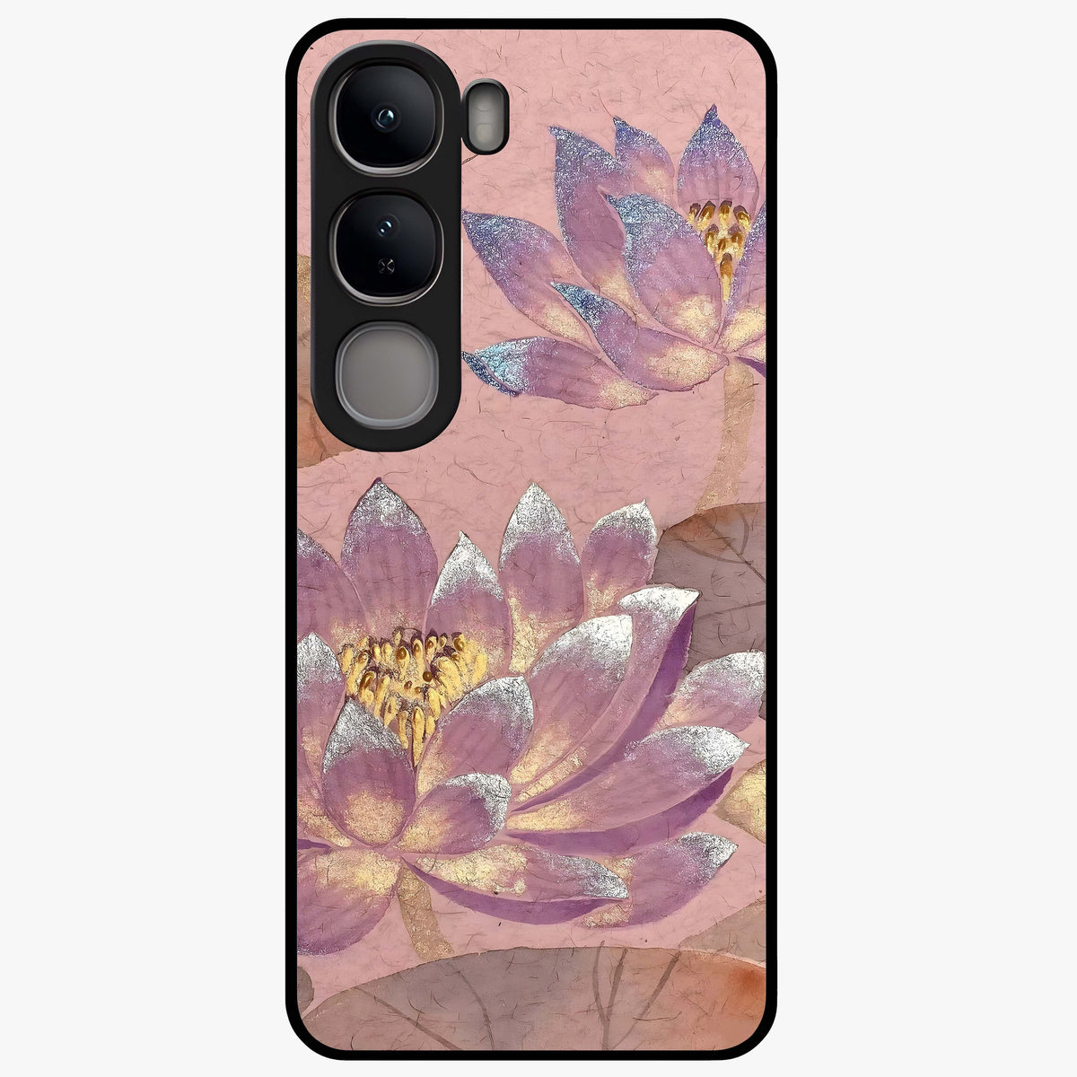 Blossom Mist Lotus Glass Case showing flat back view with serene lotus blossom artwork and glossy glass finish.